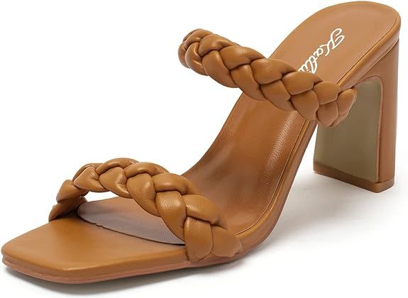 Katliu Women's Braided Heeled Mules Square Toe Block Heel Sandals Two Strap Heeled Slide Sandals | Amazon (US)