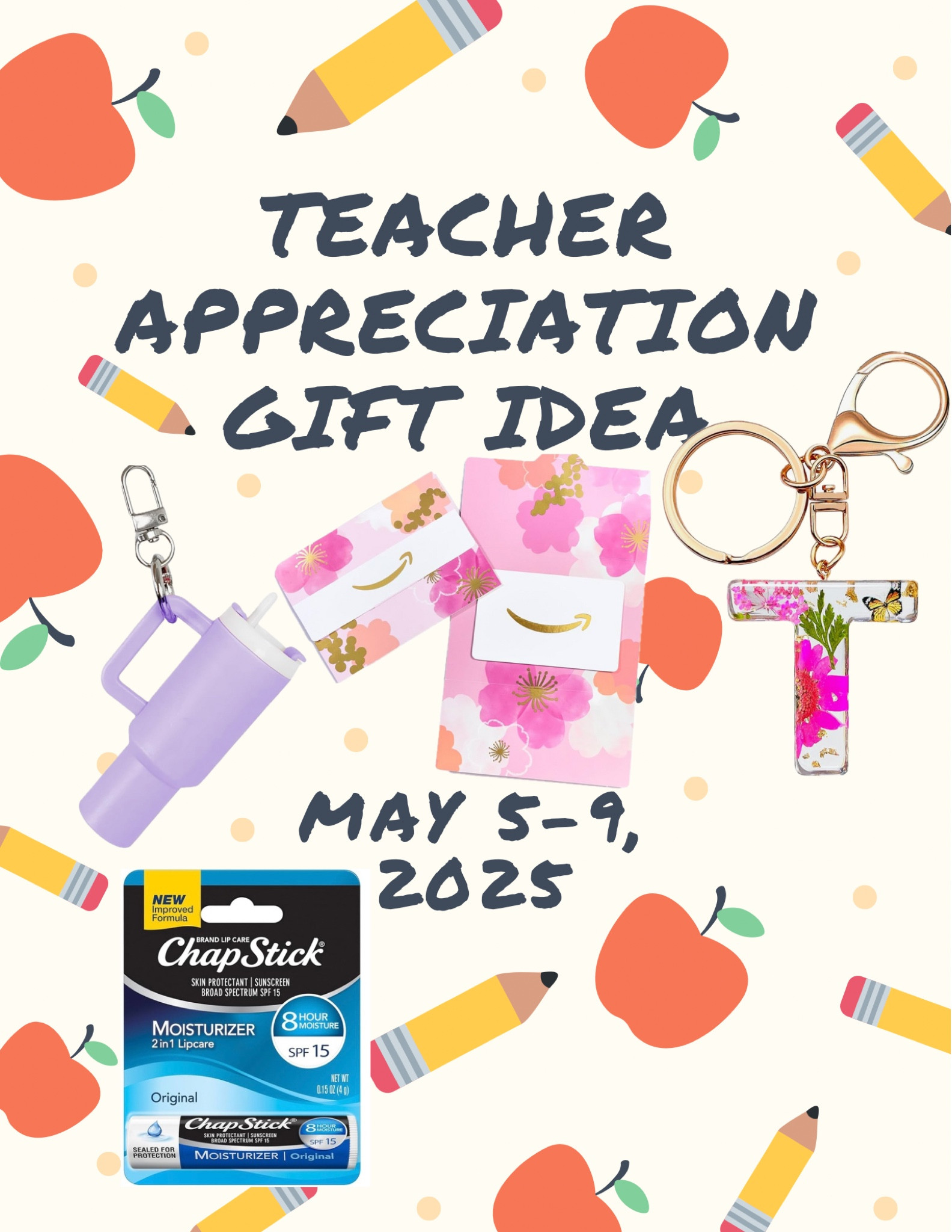 Teacher appreciation week is coming up. Here is an inexpensive idea. The tumbler keychain is a spin on the usual go to- give the teacher a cup gift. It holds Chapstick or anything little so I’m also adding Chapstick. Then a gift card to Amazon and I’m also going to add a gift card to Chick-fil-A or somewhere like that as well. 