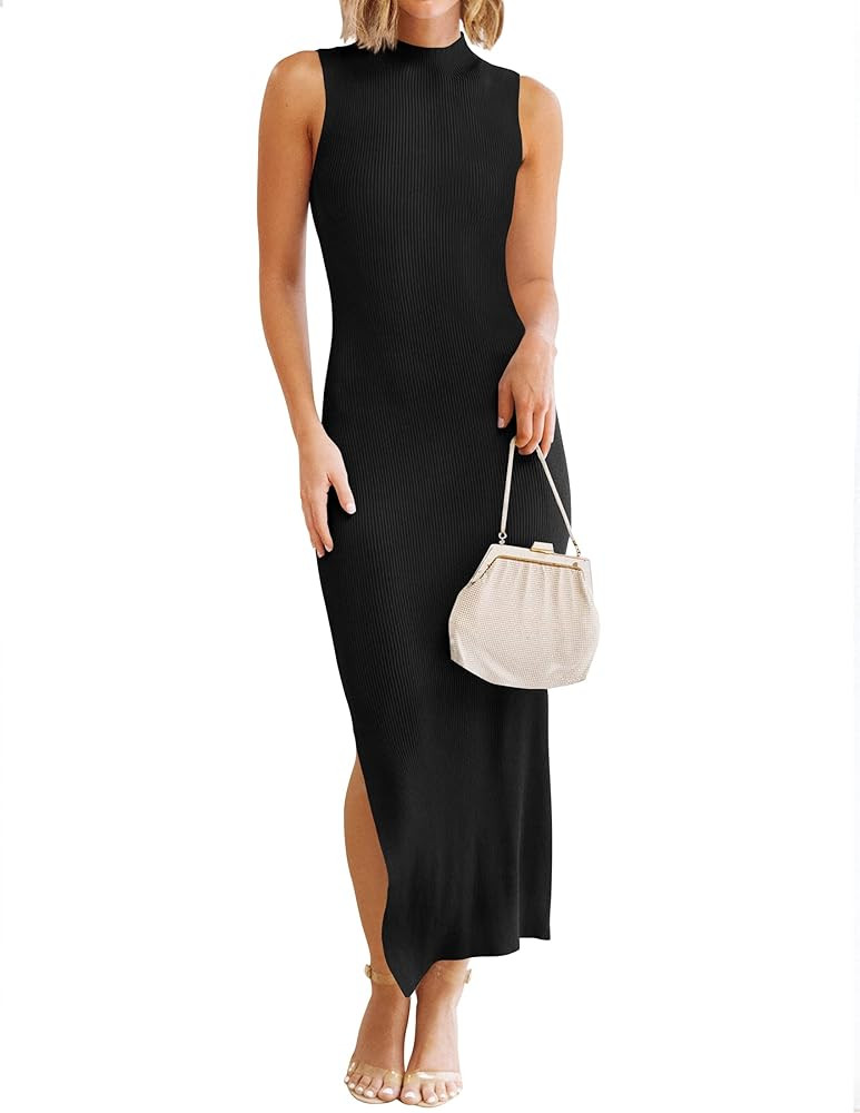 ZESICA Women's 2023 Summer Knitted Sweater Dress Sleeveless Mock Neck Ribbed Side Slit Bodycon Tank  | Amazon (US)