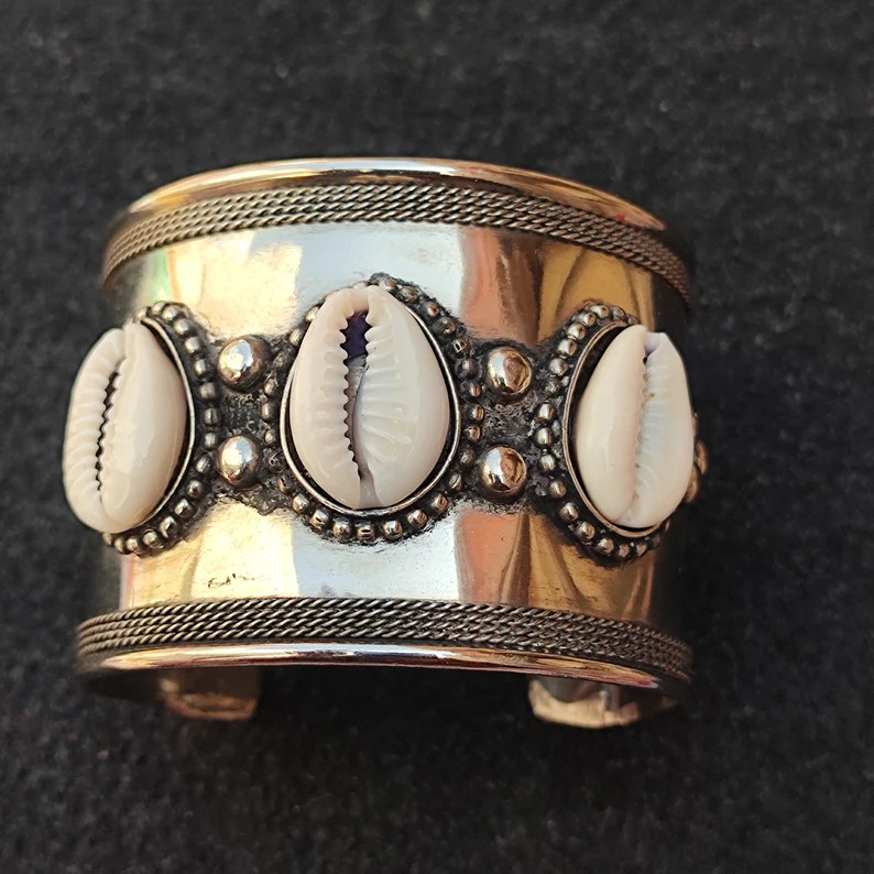 Cowries Sea Shell Silver Plated on Brass Cuff Bangle Bracelet Charm Antique Look Tribal Bangle Ox... | Etsy (US)
