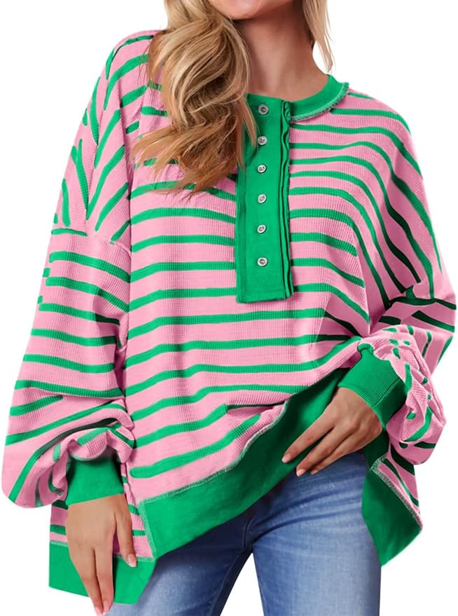 Tankaneo Womens Oversized Striped Sweatshirts Henley Shirts Color Block Casual Pullover Waffle Kn... | Amazon (US)