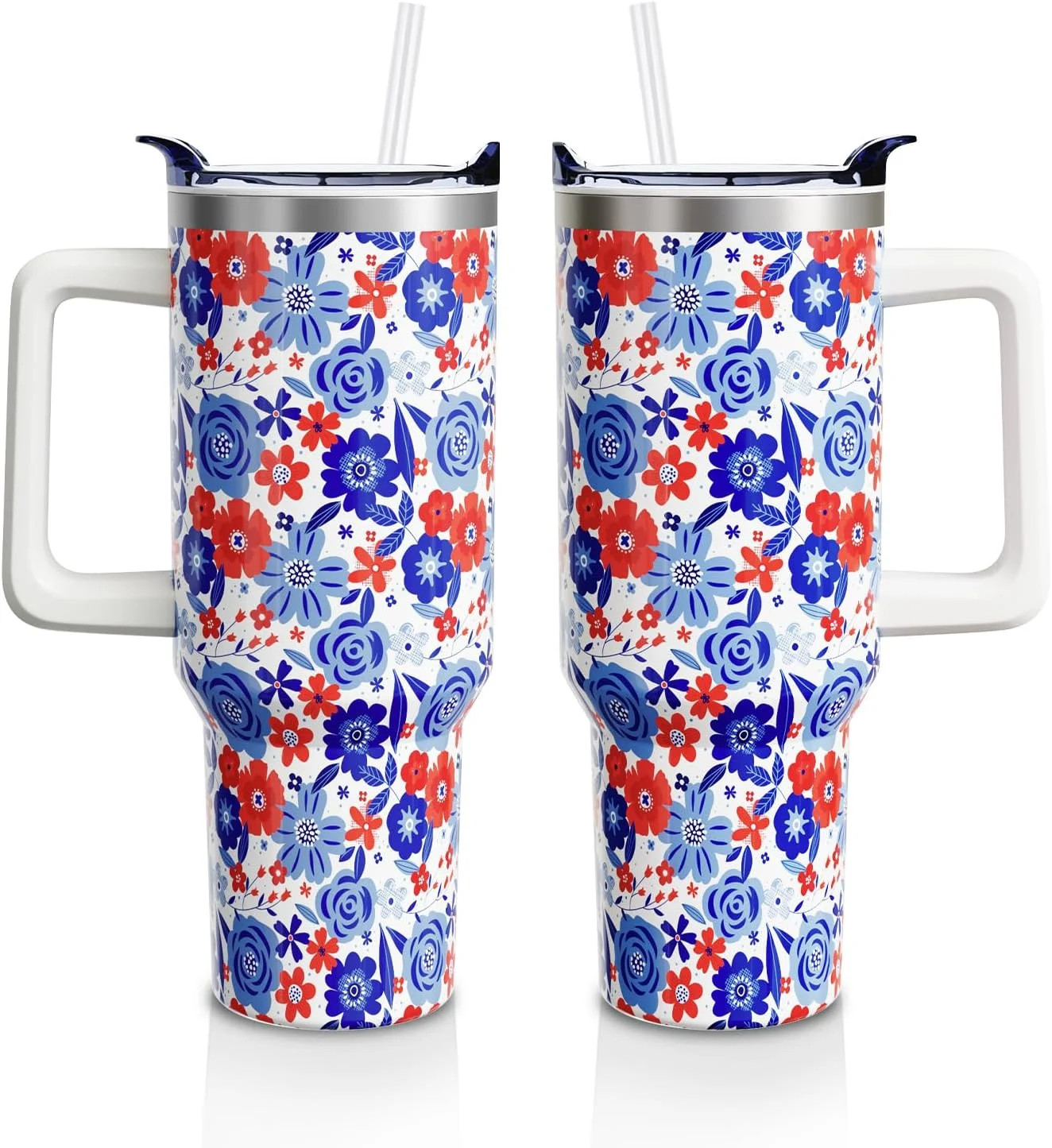 40oz Patriotic Tumbler with Handle, Straw & Lid - Red and Blue Floral Stainless Steel Insulated W... | Walmart (US)