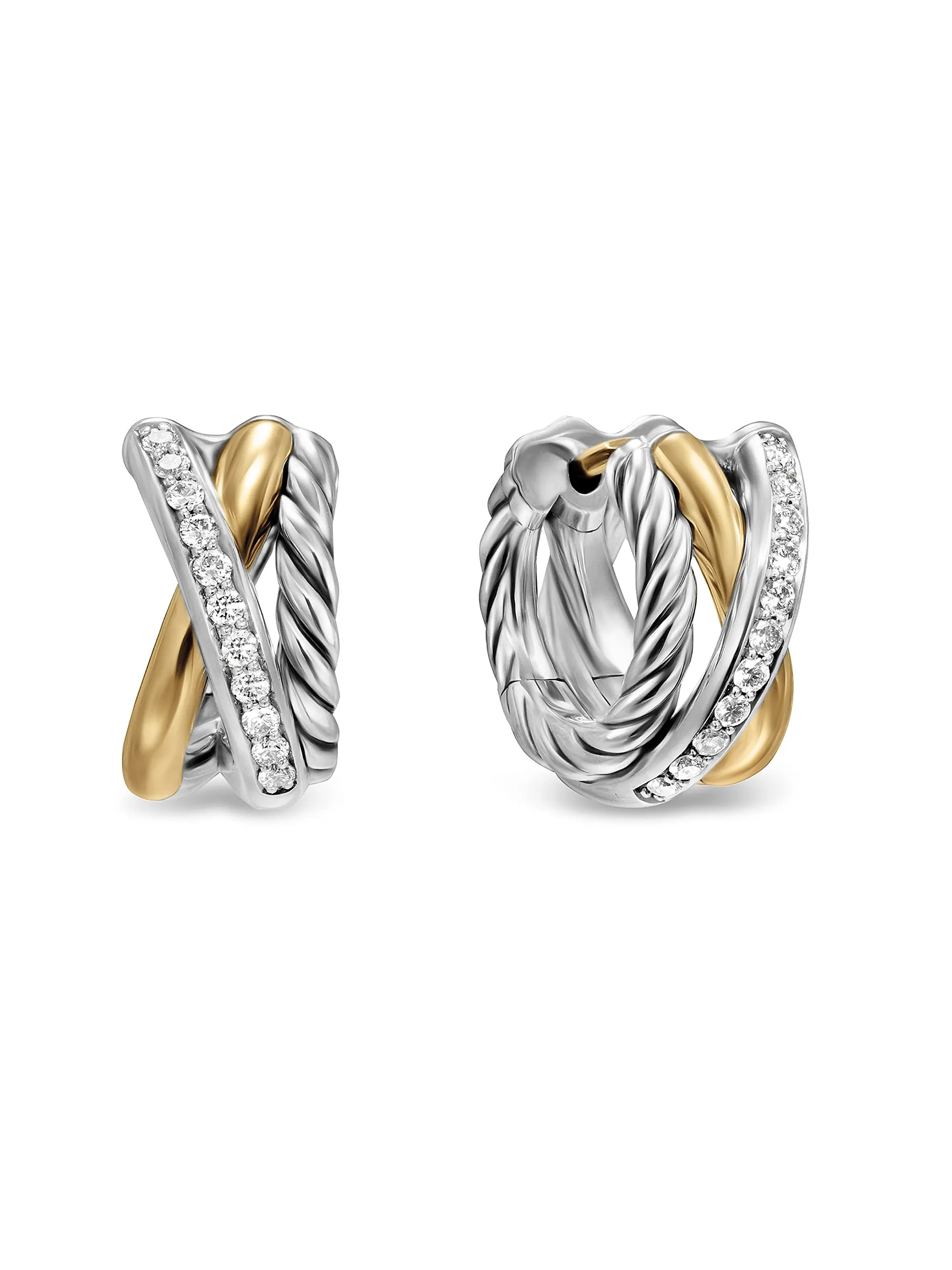 Crossover Three Row Huggie Hoop Earrings in Sterling Silver with 18K Yellow Gold, 13MM | Saks Fifth Avenue