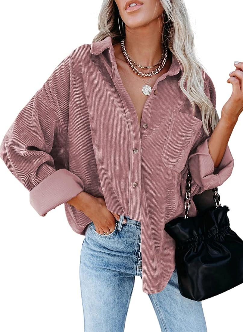 Dokotoo Womens Corduroy Button Down Shirts Boyfriend Long Sleeve Oversized Blouses Tops | Amazon (US)