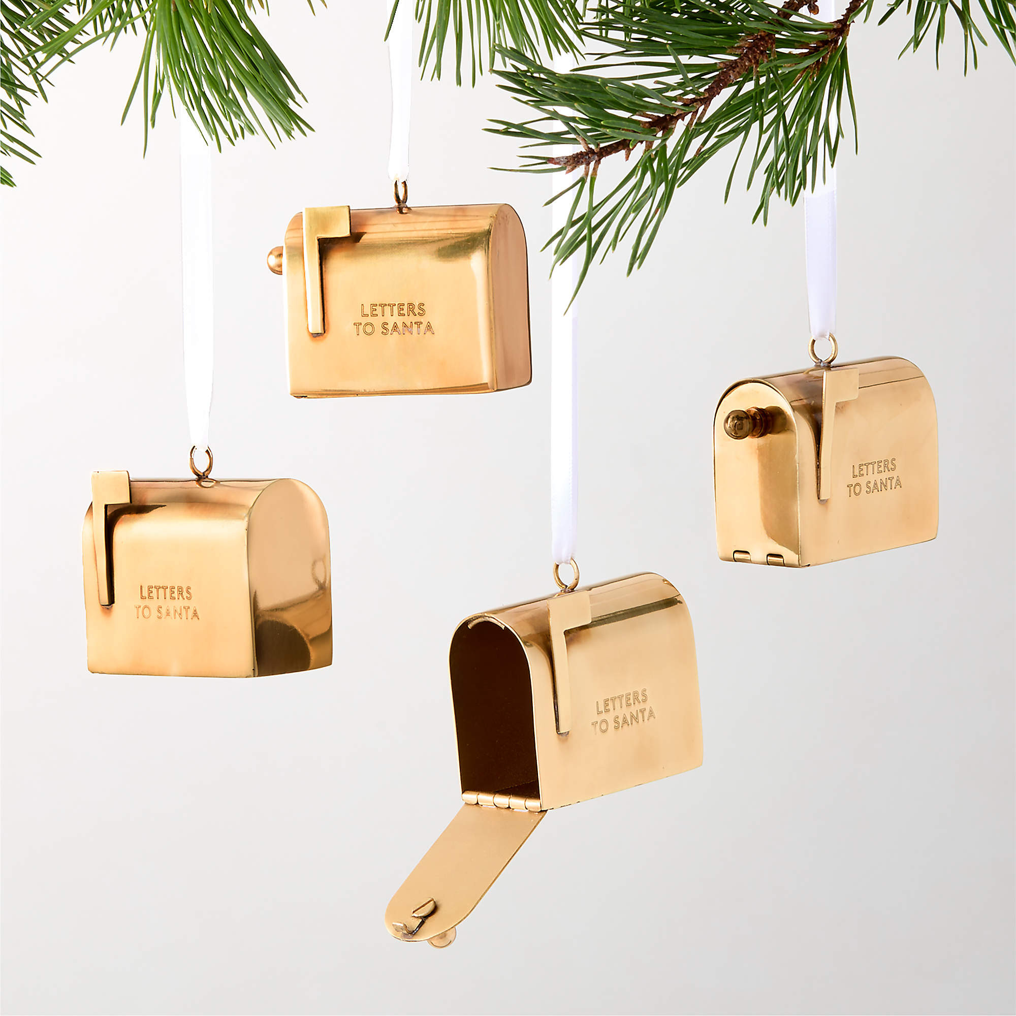 Letters To Santa Mailbox Aged Brass Christmas Tree Ornament Set of 4 | CB2 | CB2