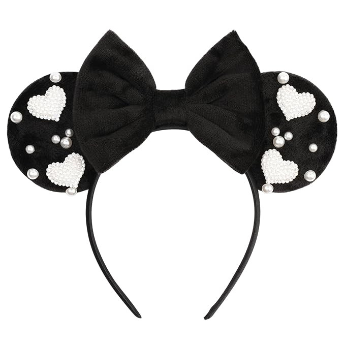Black Velvet Bow Mouse Ears Headband with Pearl Heart Accents - Elegant Hair Accessory for Partie... | Amazon (US)