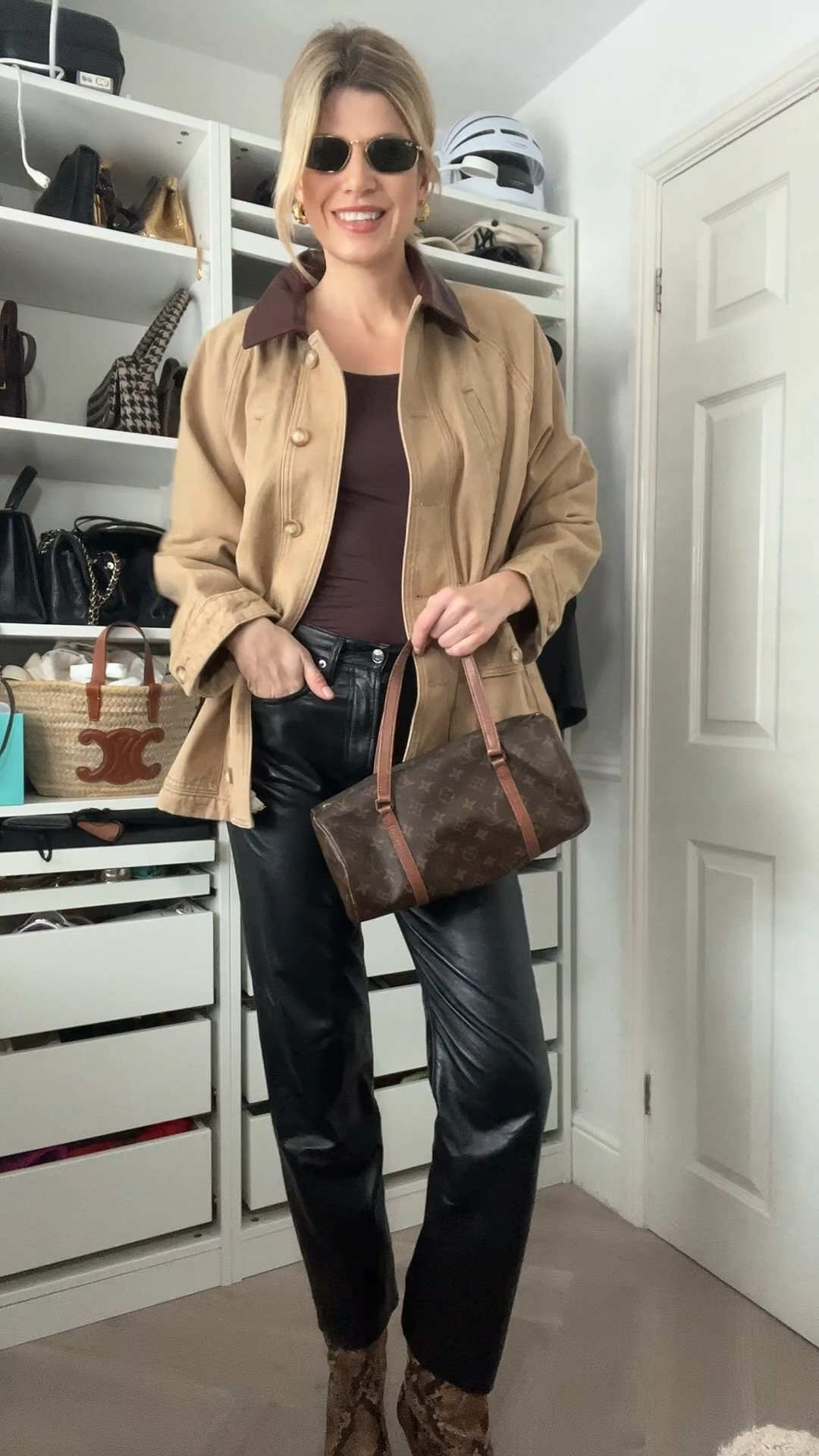Sezane jacket, leather trousers, agolde trousers, snake print boots, Louis Vuitton bag, brown tshirt, 

#LTKspring #LTKFashionMonth #LTKuk