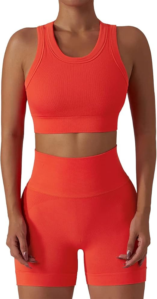 ABOCIW Workout Sets for Women 2 Piece Seamless Ribbed Tank Top Sport Bra High Waist Biker Shorts ... | Amazon (US)