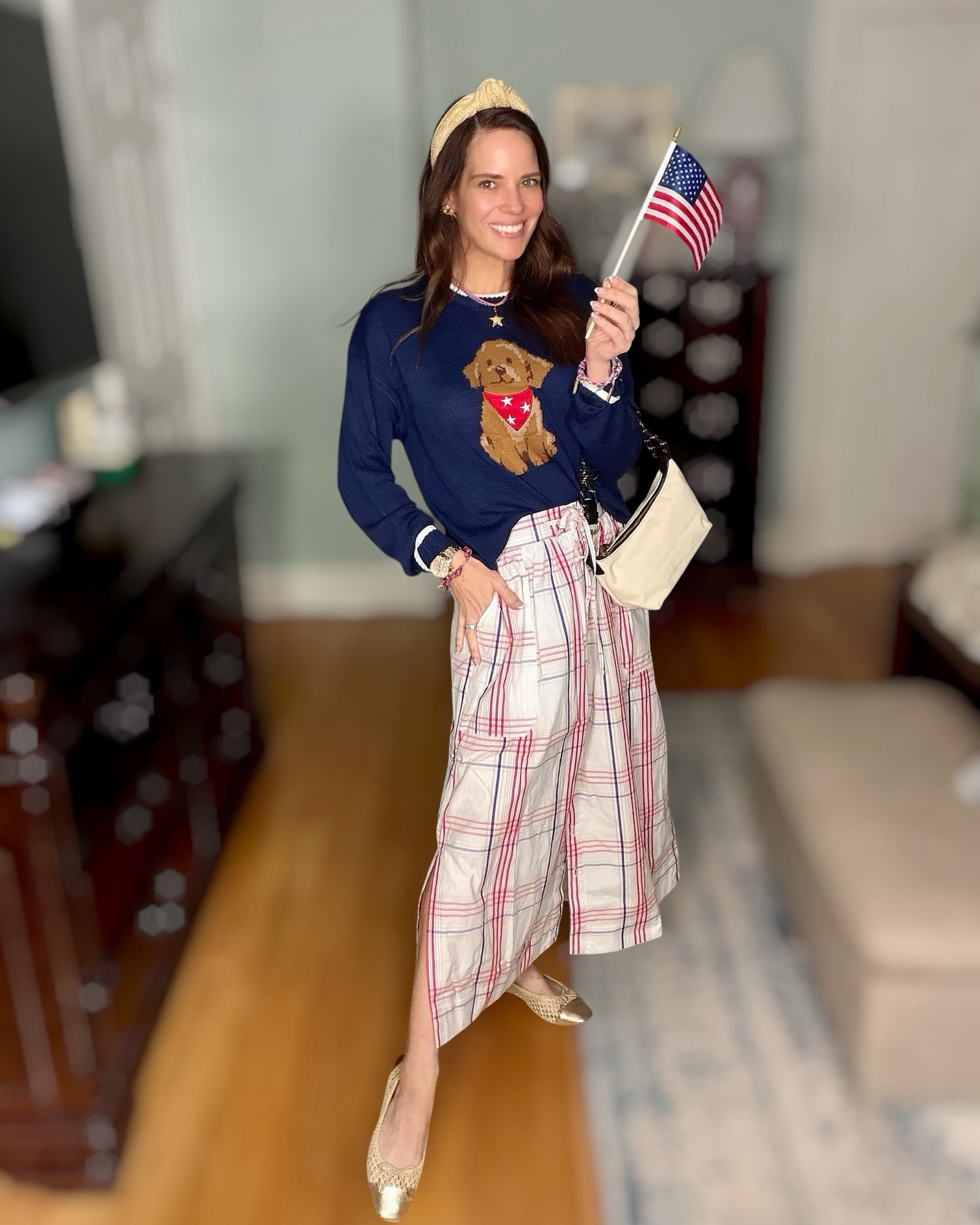 Patriotic Puppy Sweater & Plaid Midi Skirt Outfit ❤️🤍💙

The cutest Americana-inspired outfit for summer nights, Memorial Day & the 4th of July 🇺🇸✨ This navy puppy sweater is actually a kids XL and paired perfectly with this lightweight plaid midi skirt, raffia headband, woven flats, and layered red white & blue accessories for a preppy patriotic look ❤️💙🤍

Sweater runs from the kids section — wearing an XL! Added all of my accessories including the star necklace, bracelets, earrings, raffia headband, woven bag & metallic woven flats ✨

patriotic outfit, Americana style, preppy summer outfit, Fourth of July outfit, Memorial Day outfit, patriotic sweater outfit, plaid midi skirt, raffia headband, woven flats, red white and blue outfit, classic summer style, feminine preppy fashion, summer outfit inspiration 🇺🇸

#LTKSeasonal #LTKootd #LTKmomlife