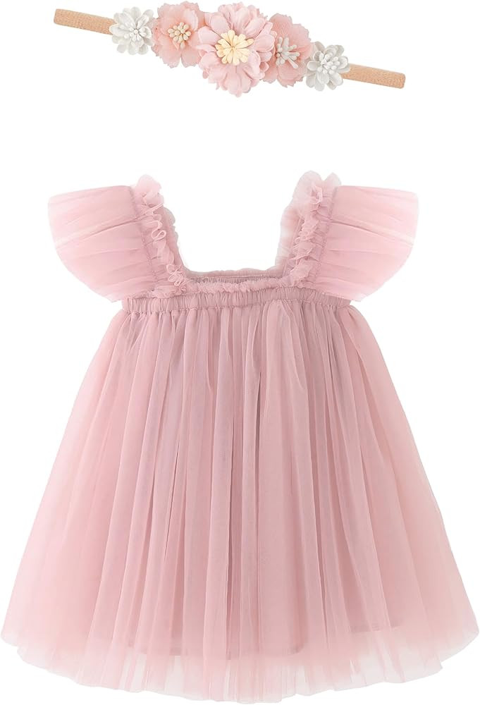 Baby Girl First Birthday Dress Smash Cake 1st Birthday Outfit with Flower Headband | Amazon (US)