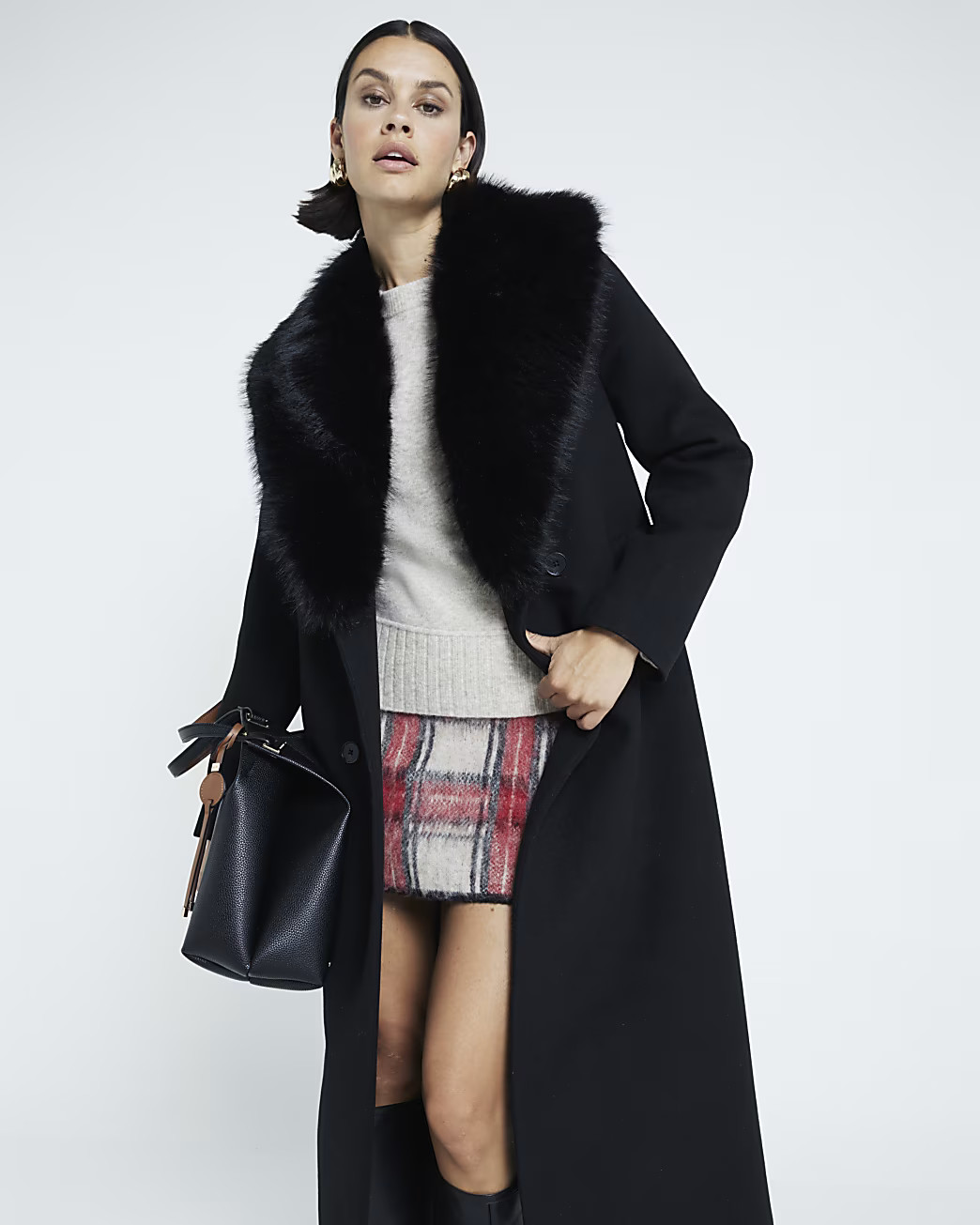 Black Faux Fur Collar Coat | River Island UK & IE