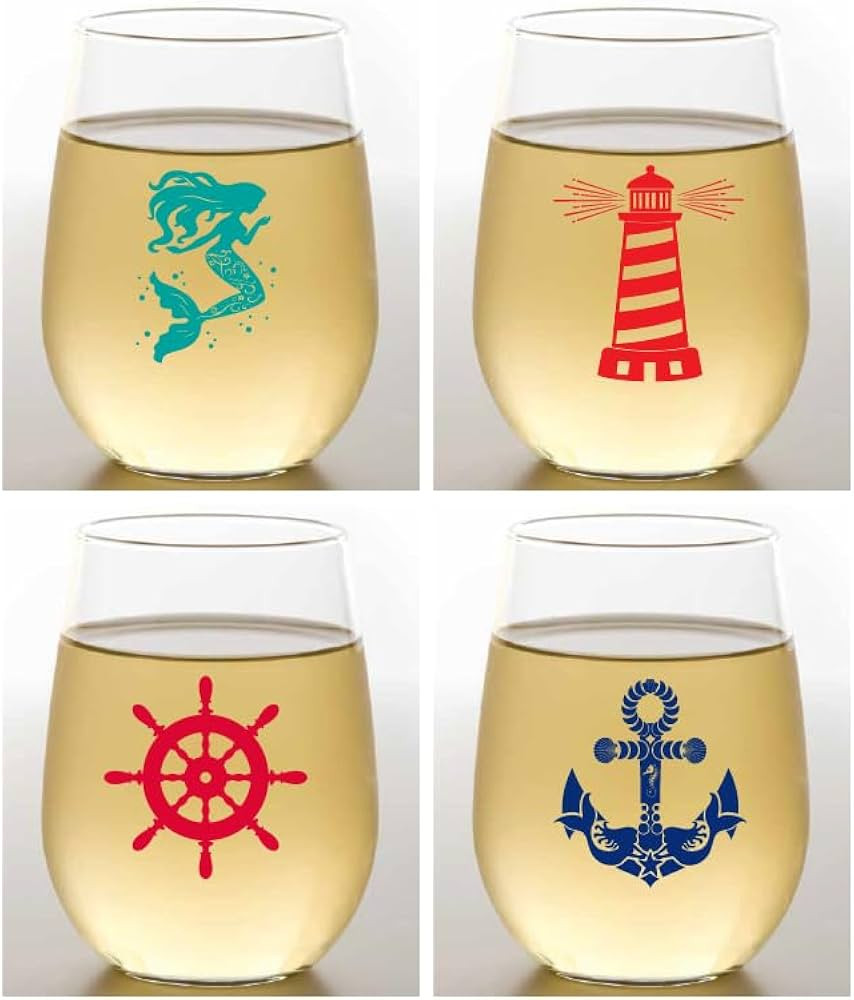 Set of 4 Shatterproof Designer 16 oz Plastic Wine Glasses MADE in the USA (NAUTICAL) | Amazon (US)