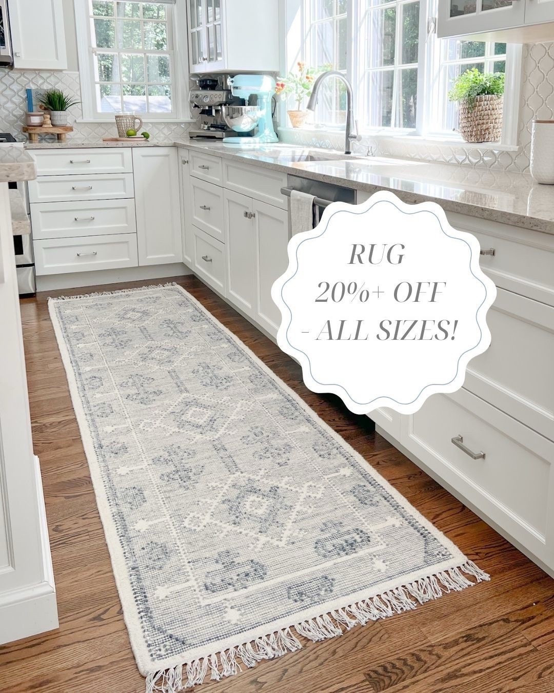 My runner (which is available in all standard rug sizes) has the prettiest muted colors & is 20% off right now!

- Kitchen runner, kitchen rug, runner rug, neutral rug, kitchen decor, neutral kitchen, coastal home, coastal decor, neutral home decor, beach style home, beach house style, coastal rugs, neutral rugs, blue rugs, gray rugs, rugs with fringe, serena & lily runner, serena & lily rugs, coastal kitchen decor, white kitchens, 10-foot runner, alamere rug, alamere runner, patterned rug, hallway runner, blue & gray rugs


#LTKHome #LTKSaleAlert
