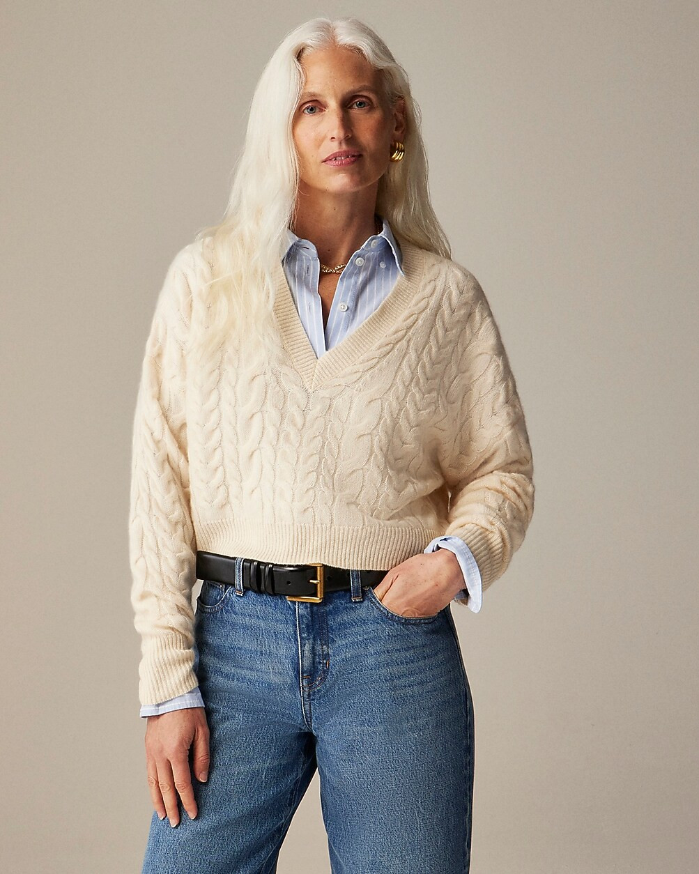 Cashmere cropped cable-knit V-neck sweater | J. Crew US