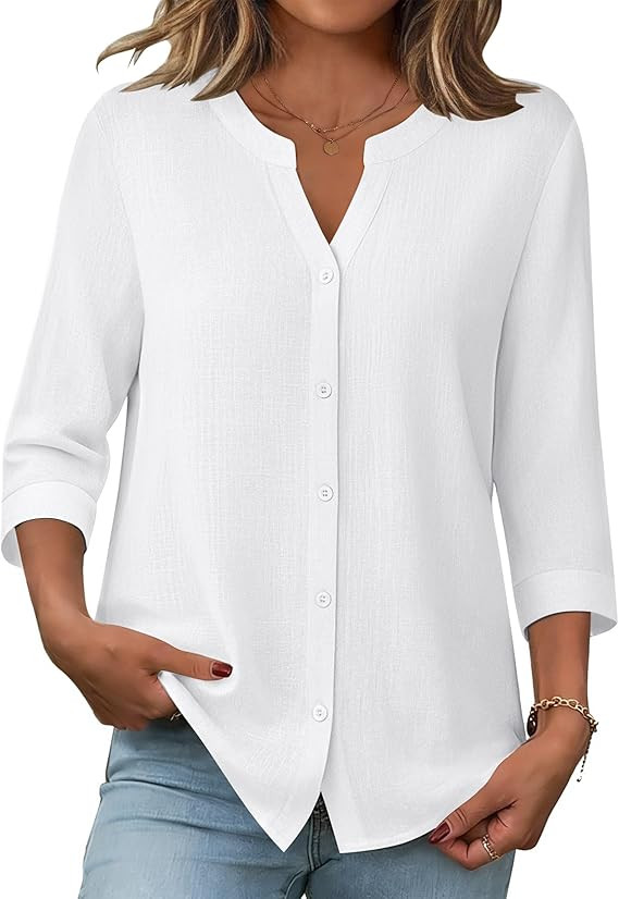 Zeagoo Button Down Shirts for Women 3/4 Sleeve Linen Cotton V Neck Tops Dressy Casual Loose Work ... | Amazon (US)