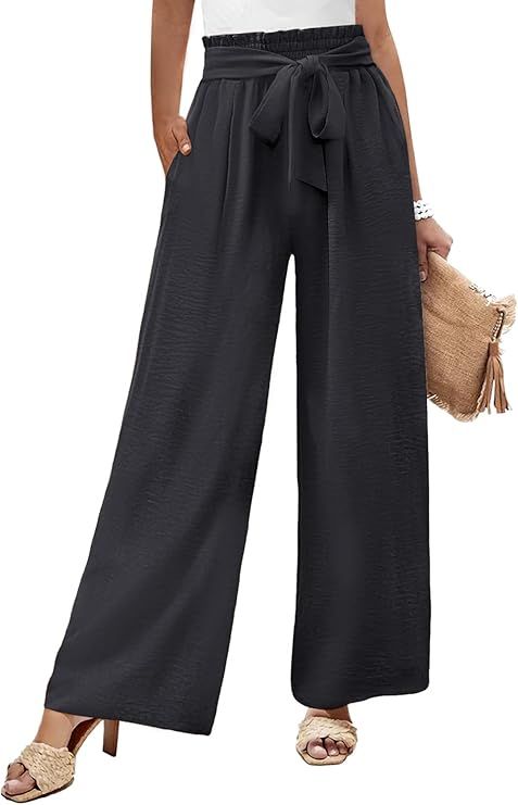 Sucolan Women's Wide Leg Pants High Waisted Adjustable Tie Knot Loose Trousers Business Casual Wo... | Amazon (US)