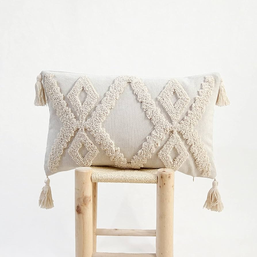 RinRinfam Boho Tufted Lumbar Throw Pillow Cover 12x 20, Modern Simple Diamond Farmhouse Neutral L... | Amazon (US)