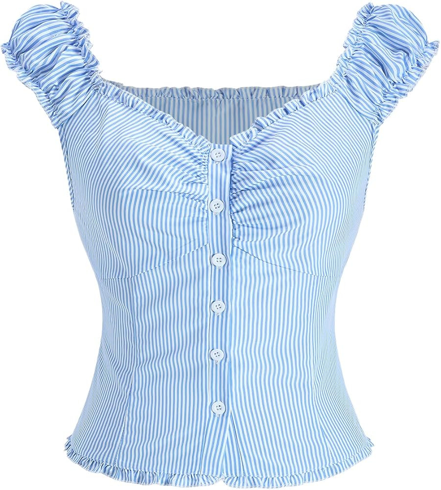 Women's Striped Off The Shoulder Top Ruched Button Down Sleeveless Going Out Blouse | Amazon (US)