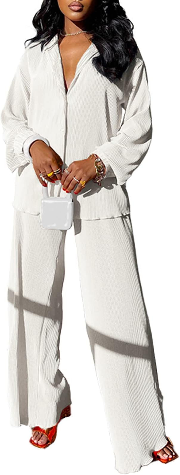 kaimimei Casual 2 Piece Outfit for Women - Linen Long Sleeve Button Down Shirt + Flare Pleated Wi... | Amazon (US)