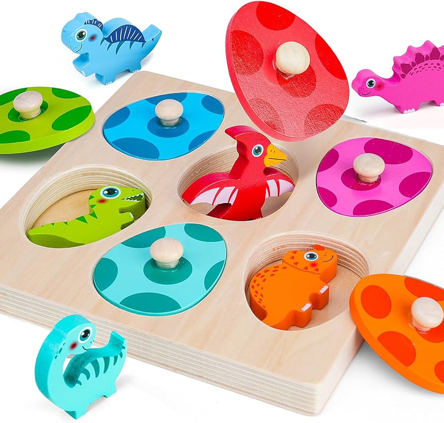 Dinosaur Wooden Toddler Puzzle 1-3, Montessori Toys for 1 2 3 Year Old, Dinosaur Eggs Peg Puzzles... | Amazon (US)