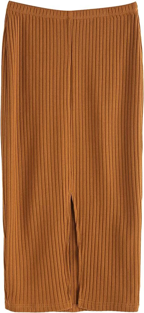 SheIn Women's Basic Plain Stretchy Ribbed Knit Split Full Length Skirt | Amazon (US)