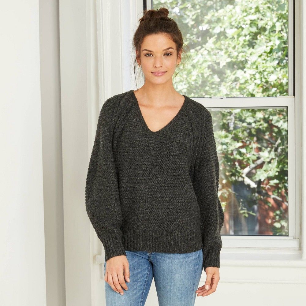Women's Balloon Sleeve V-Neck Pullover Sweater - Universal Thread Charcoal Heather M, Grey/Grey | Target