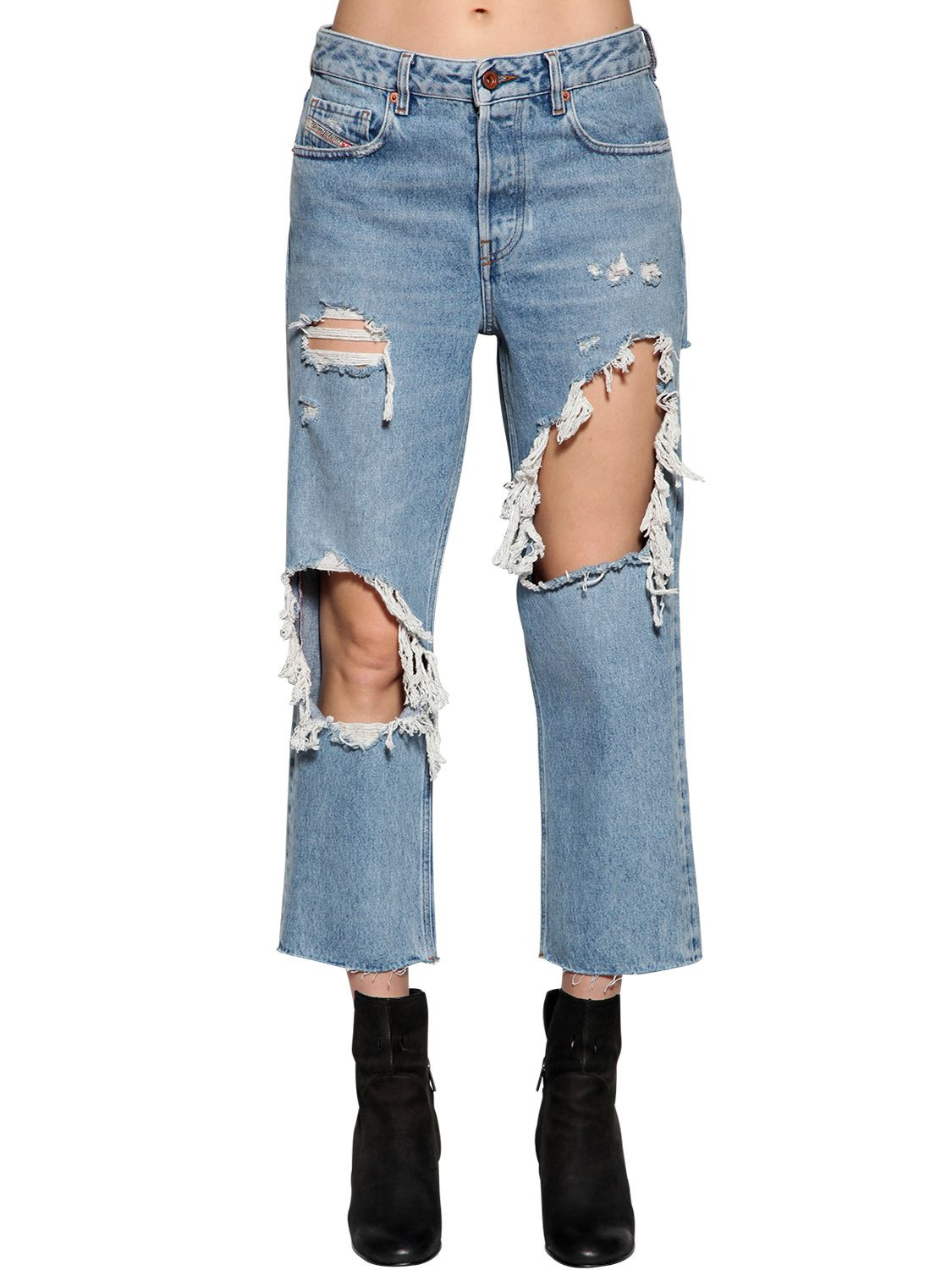 DESTROYED WASHED DENIM JEANS | Luisaviaroma
