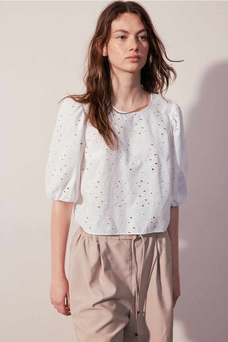 Blouse with Eyelet Embroidery - Round Neck - Short sleeve - White - Ladies | H&M US | H&M (US + CA)