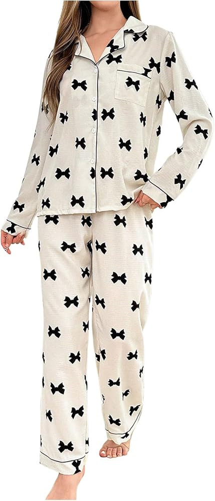 SHENHE Women's Bow Pajamas Long Sleeve Button Up Long Pants 2 Piece Lounge Set Sleepwear | Amazon (US)