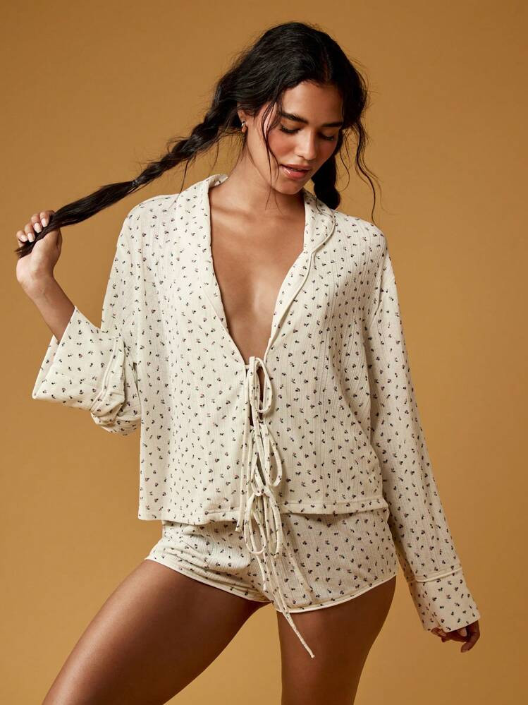 MISSGUIDED Cozy Lounge Ditsy Floral Lace Up Front Long Sleeve Pajama Set Sleep Wear Soft Ribbed N... | SHEIN