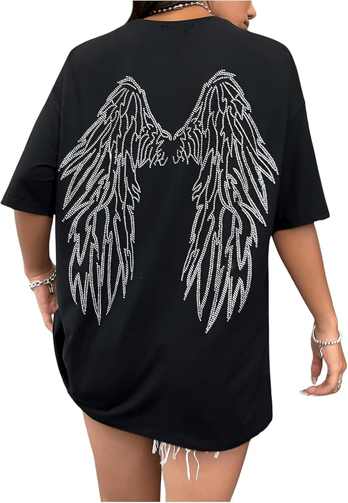 Floerns Women's Wing Rhinestone T Shirt Half Sleeve Crewneck Oversized Tee Tops | Amazon (US)