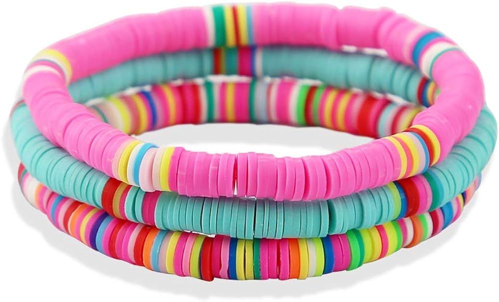 Heishi Surfer Bracelets set - 6mm Polymer Clay Rainbow Bracelet Elastic Rope Bracelet, Boho Beade... | Amazon (US)