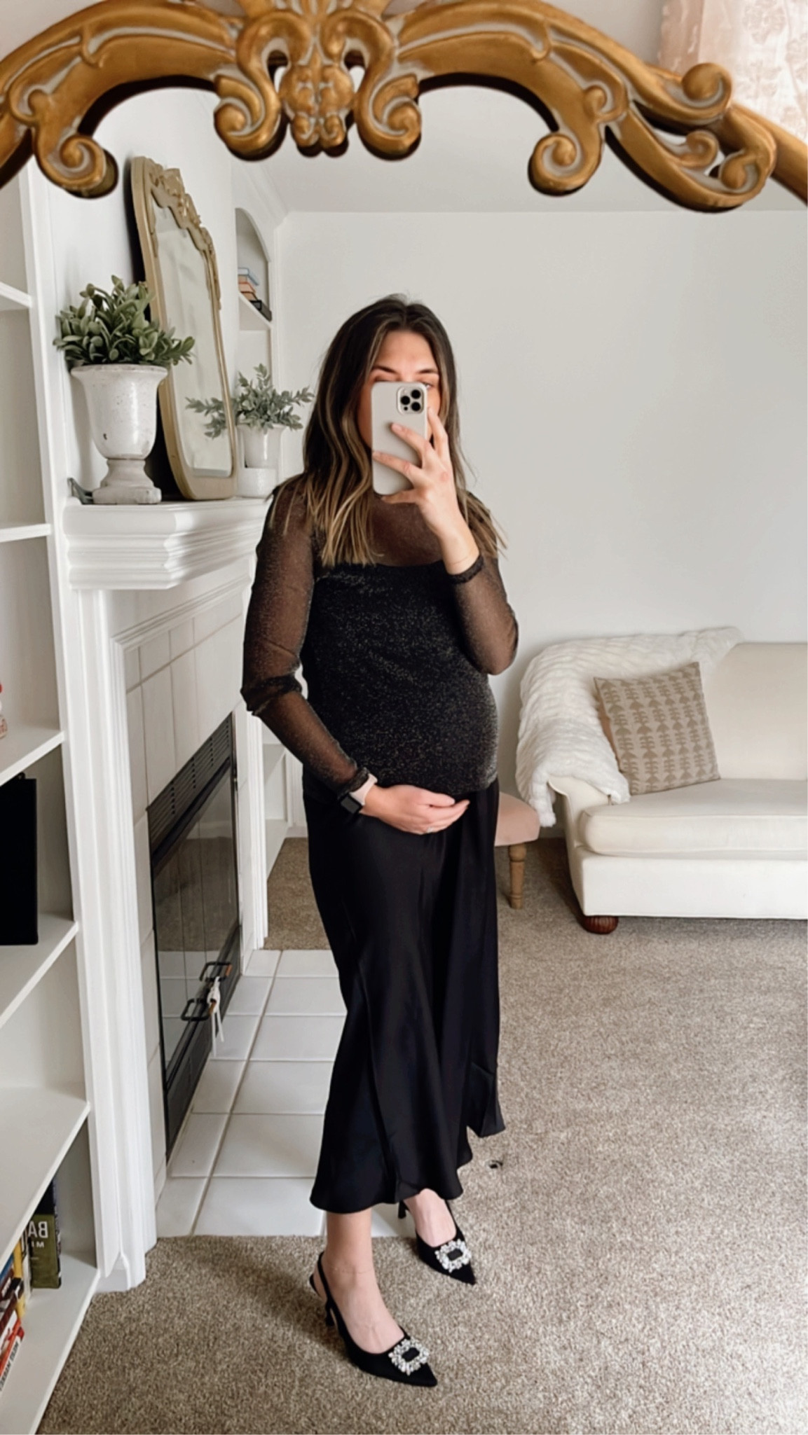 Holiday style. Holiday party. Bump style. Maternity outfit. Sparkly outfit. Sheer top. Satin skirt. Rhinestone heels. Mom style  

#LTKHoliday #LTKstyletip #LTKbump