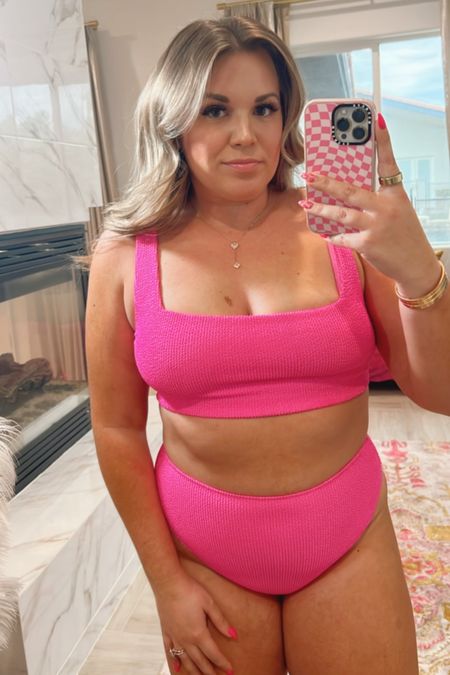 curvy hot pink scrunch bikini! wearing size large in top and high waisted bottoms! 

#LTKunder100 #LTKswim #LTKcurves