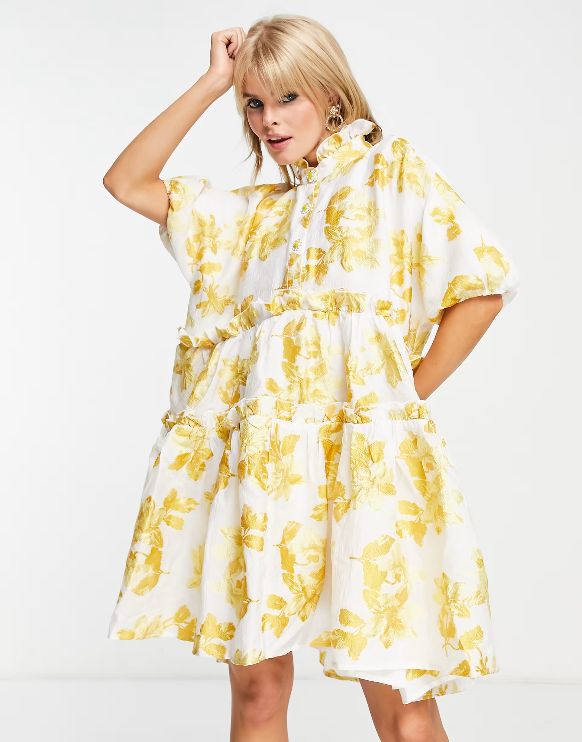 Dream Sister Jane oversized jacquard smock dress in golden yellow floral | ASOS (Global)