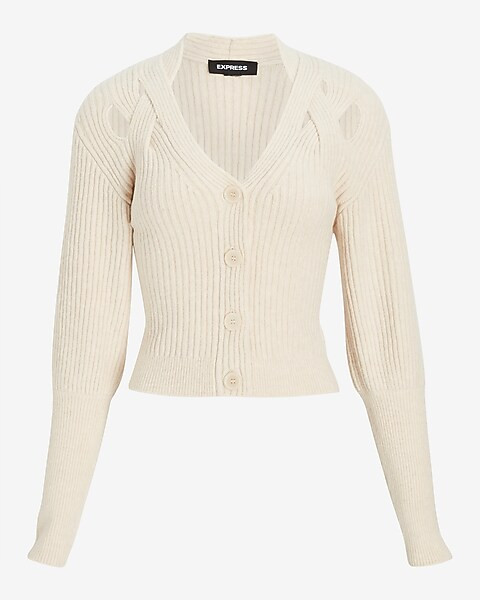 V-Neck Balloon Sleeve Criss Cross Cutout  Cropped Cardigan | Express