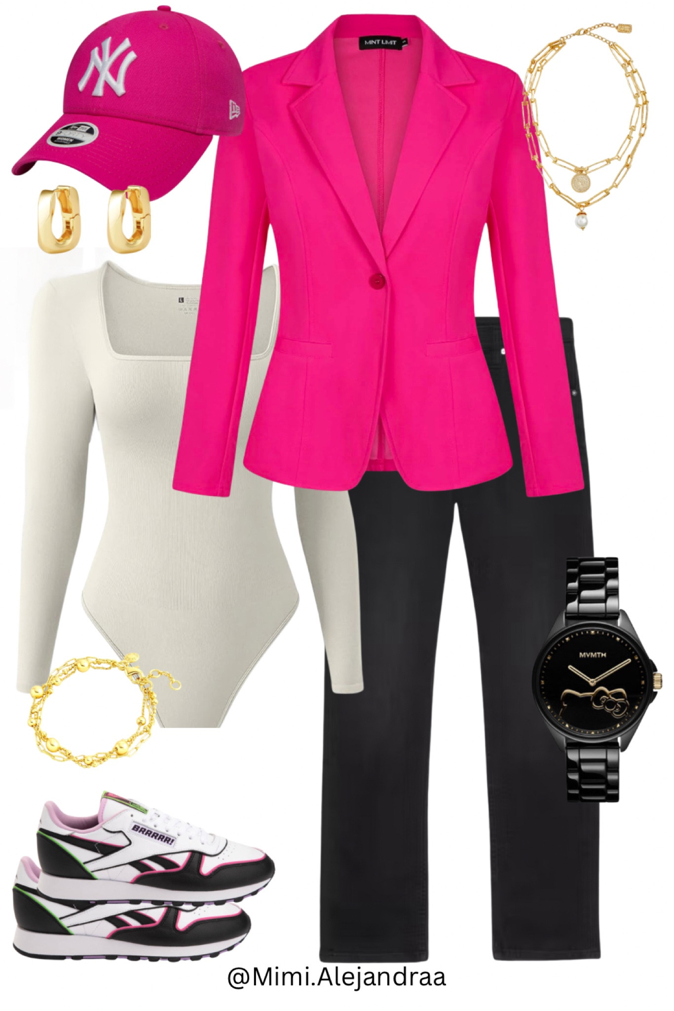 Casual date outfit. Hot pink blazer and hat. Amazon bodysuit with black jeans. Hot pink, white and black sneakers. Gold jewelry and my favorite Hello Kitty black watch collab x MVTMT

#LTKStyleTip #LTKSaleAlert #LTKParties