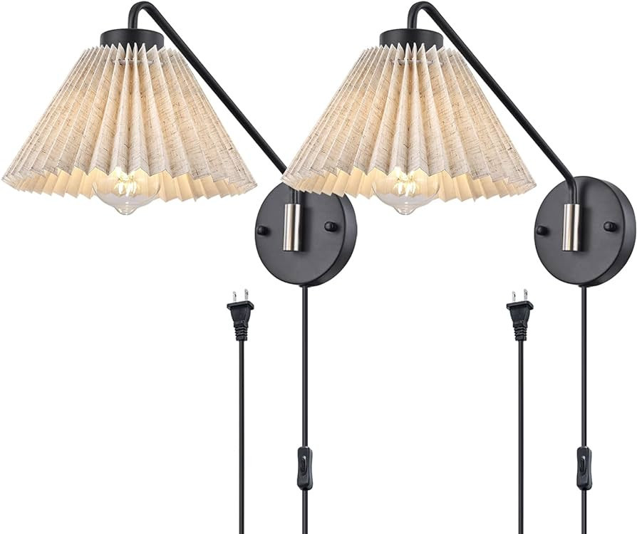 BISAMIYA Upgraded Foldable Wall Lamp Set of 2, Swing Arm, Brushed Nickel Accent, Plug in Wall Sconce with On/Off Switch for Bedroom, Hotel, Living Room | Amazon (US)