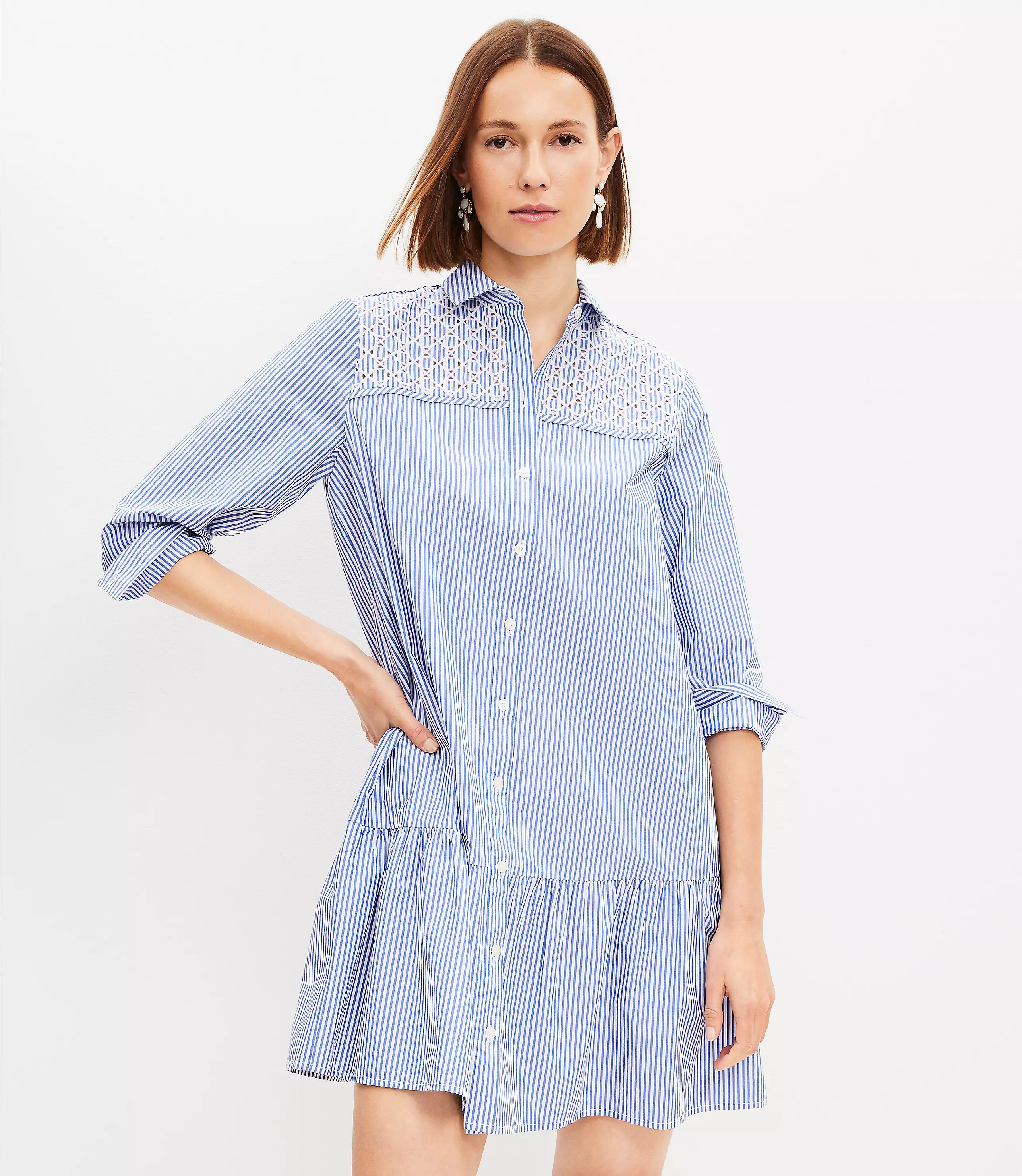 Striped Poplin Pleated Yoke Shirtdress | LOFT