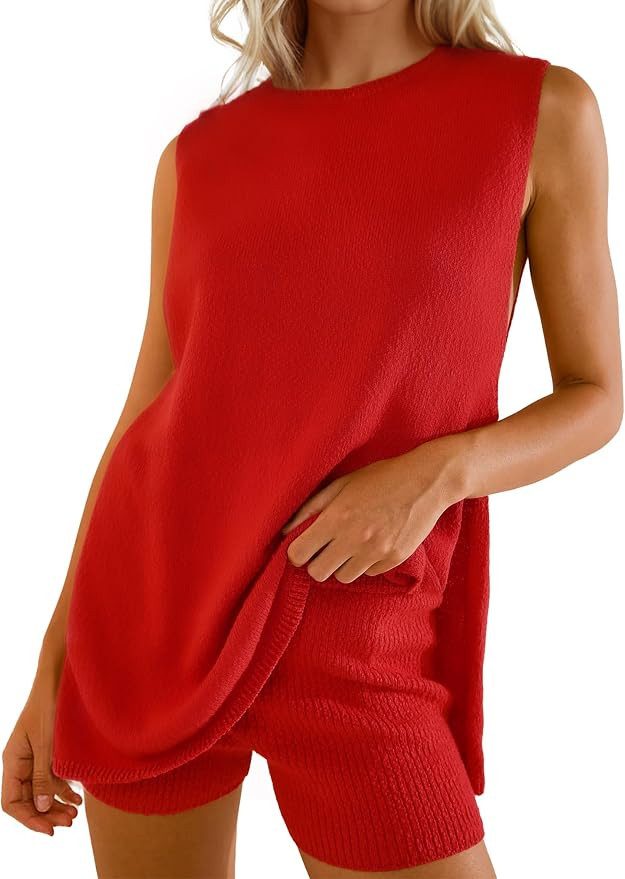 Women Summer 2 Piece Sweater Sets Casual Crew Neck Sleeveless Knit Tank Top Mini Shorts Lounge Se... | Amazon (US)
