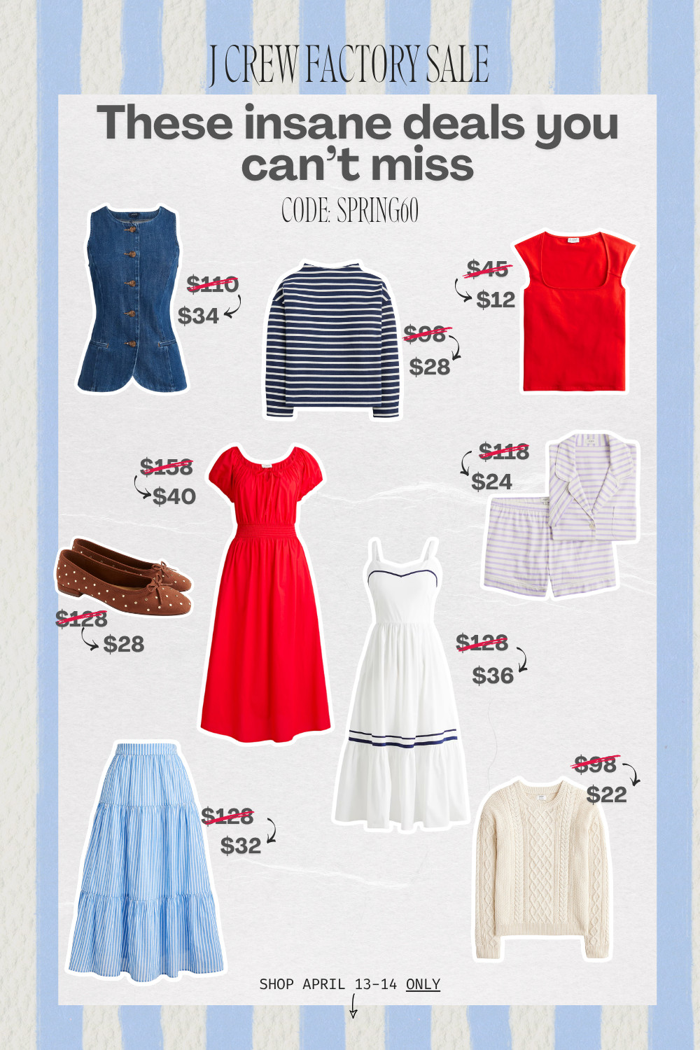 RUN don’t walk—this J.Crew Factory sale is insane 🏃‍♀️💙
Extra 60% off clearance (yes, really) but only April 13–14.

So many classic, wear-on-repeat pieces for spring/summer:

effortless dresses
striped basics
chic flats
lightweight layers

These are the kind of staples that look expensive but are so discounted right now.

If you’ve been waiting to refresh your wardrobe… this is your moment 👀 

 #LTKootd #LTKSaleAlert #LTKWorkwear