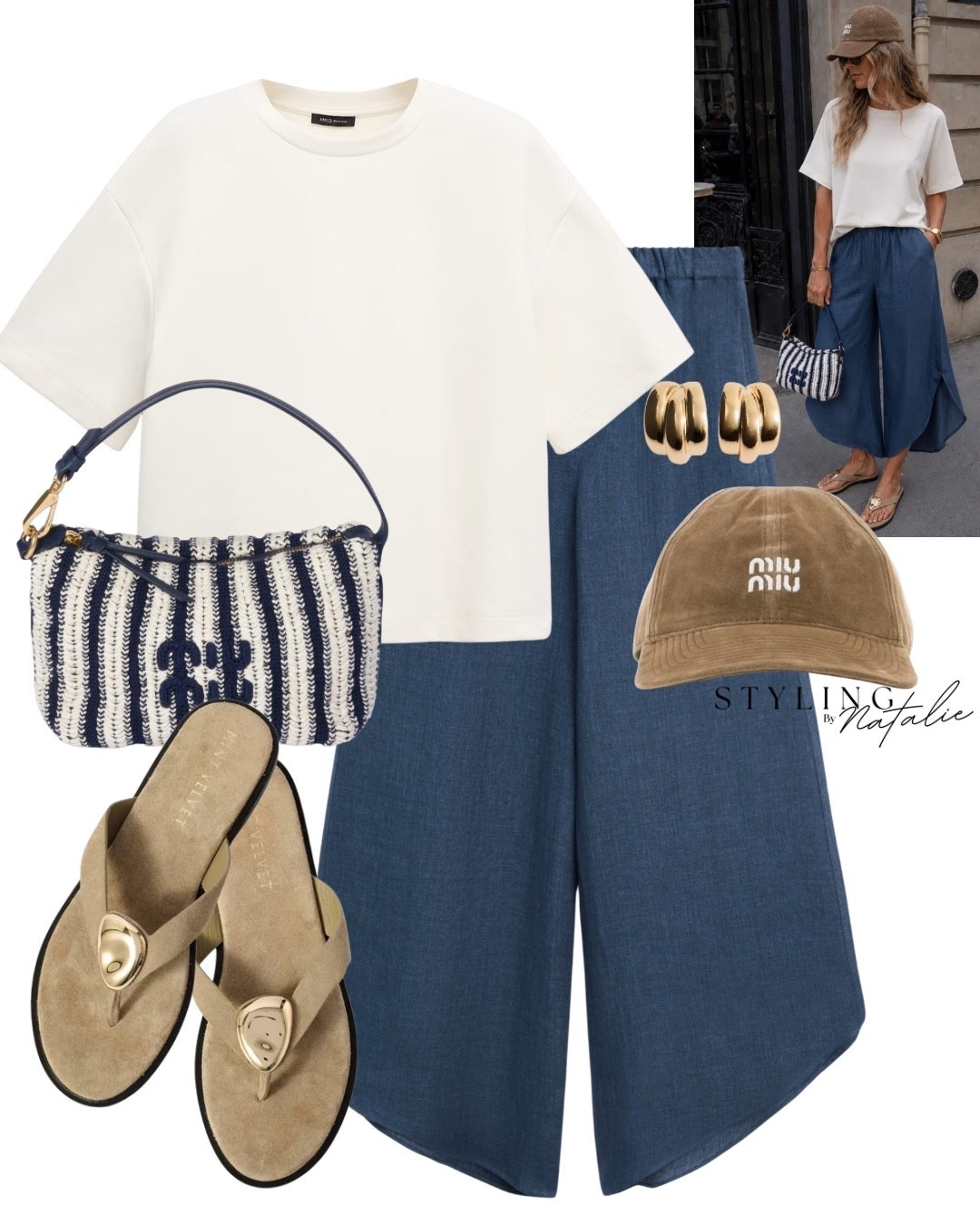 Boxy t-shirt, vented and flowy denim look linen trousers, Miu Miu baseball cap, Miu Miu pouch bag, suede thong sandals with gold hardware detail and gold earrings. 

Summer outfit, casual chic, London style, cool girl, massimo Dutti @mintvelvet

#LTKsummer #LTKuk #LTKeurope
