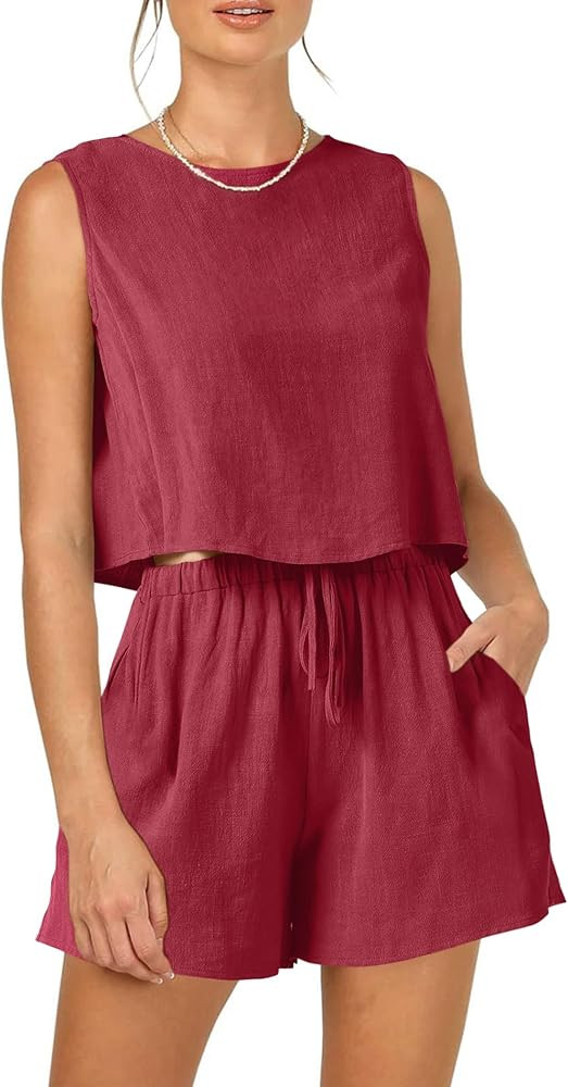 PRETTYGARDEN Womens 2024 Summer 2 Piece Button Back Crop Tank Tops And High Waist Shorts Set | Amazon (US)