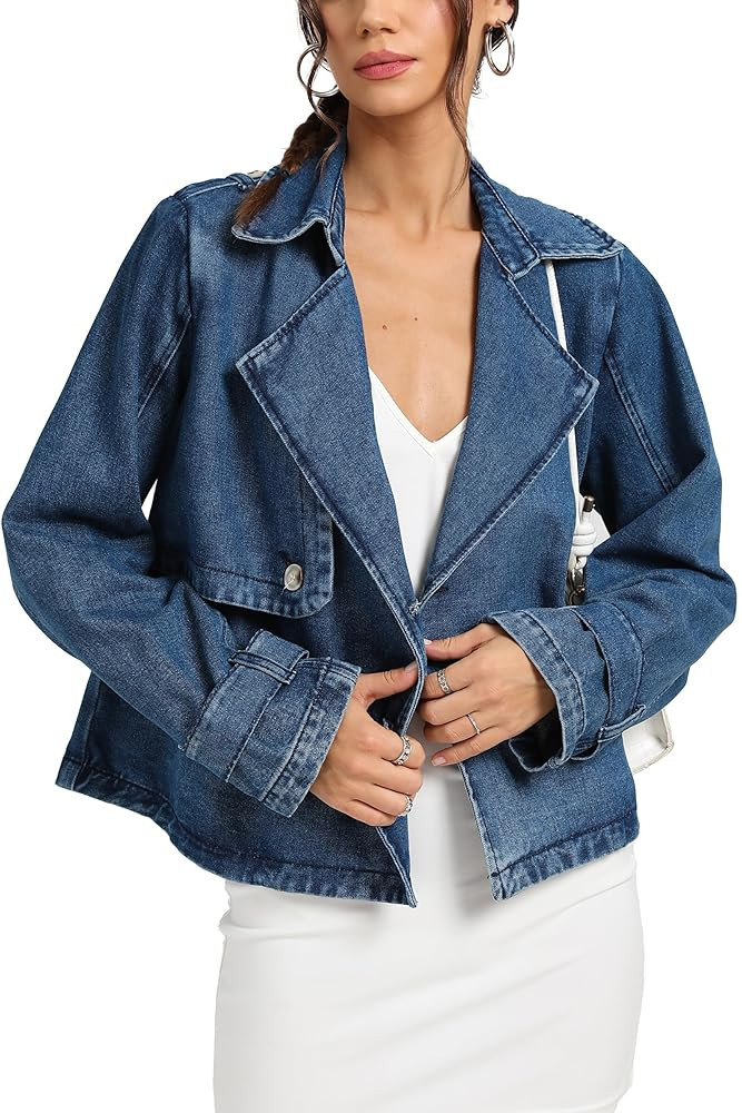 D-Sun Women Cropped Denim Jacket Short Jean Trench Coat V Neck Collared Long Sleeve Button Denim ... | Amazon (US)