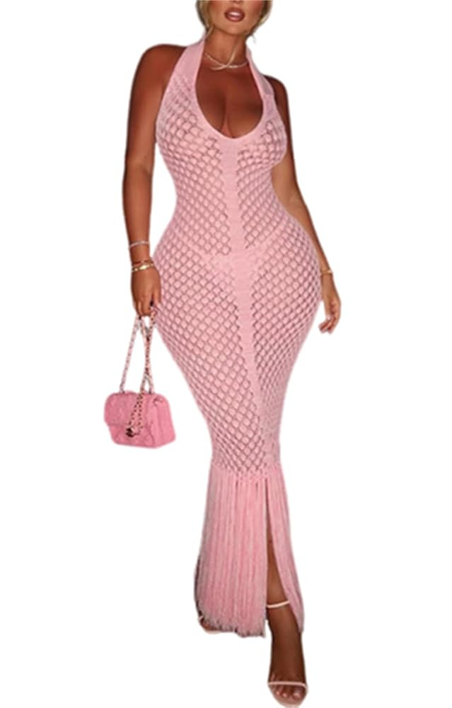 Women's Crochet Bodycon Maxi Dress Sexy Halter Backless Knit Fringe Party Club Long Dress Summer ... | Amazon (US)