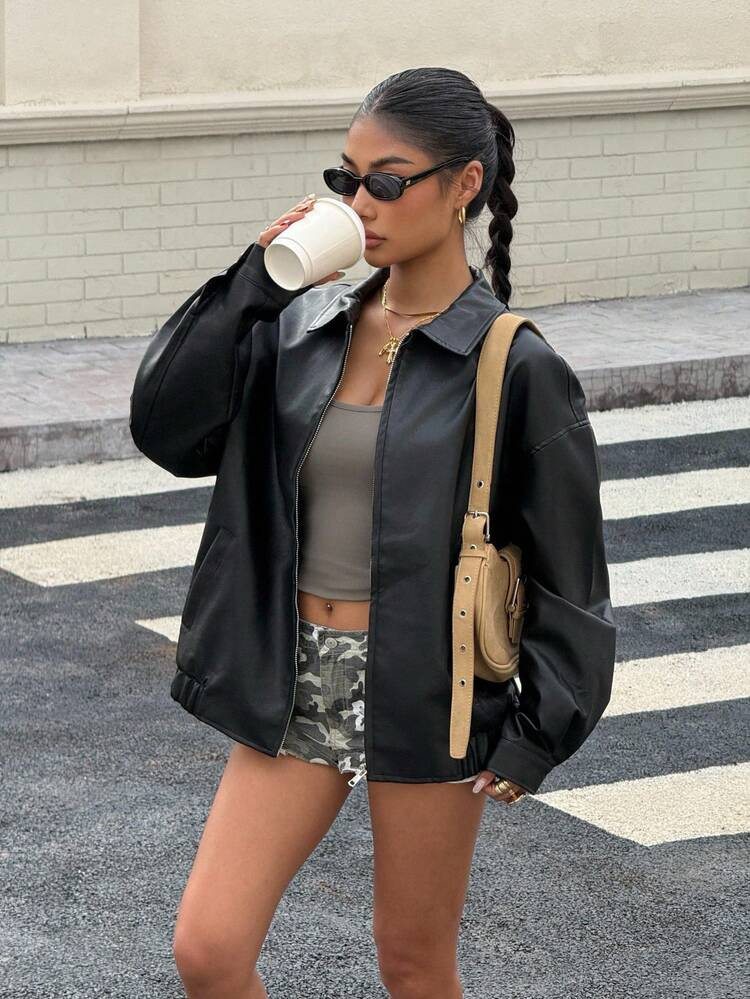 Muchica Women's Autumn New Black PU Loose Jacket, Dropped Shoulder Zipper PU Short Leather Jacket... | SHEIN