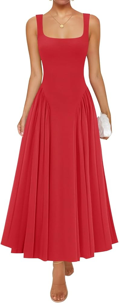 ZESICA Womens 2026 Summer Sleeveless Square Neck Sundress Casual Long Flowy A Line Beach Vacation... | Amazon (US)