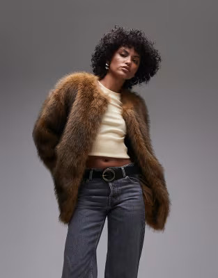 Topshop faux fur short collarless short coat in multi | ASOS (Global)