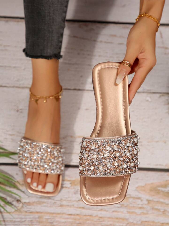 Women's Flat Pearl Studded Open Toe Slide Sandals, New Summer Fashion Casual Mule Slippers | SHEI... | SHEIN