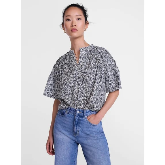 Scenario Women's Gathered Cotton Voile Top with Short Sleeves, Size XS-XXXL | Walmart (US)